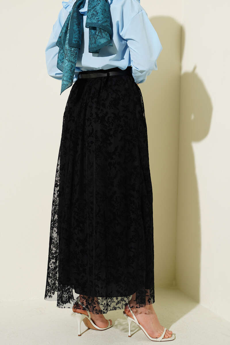 Belted Skirt with Lace Detail - Black