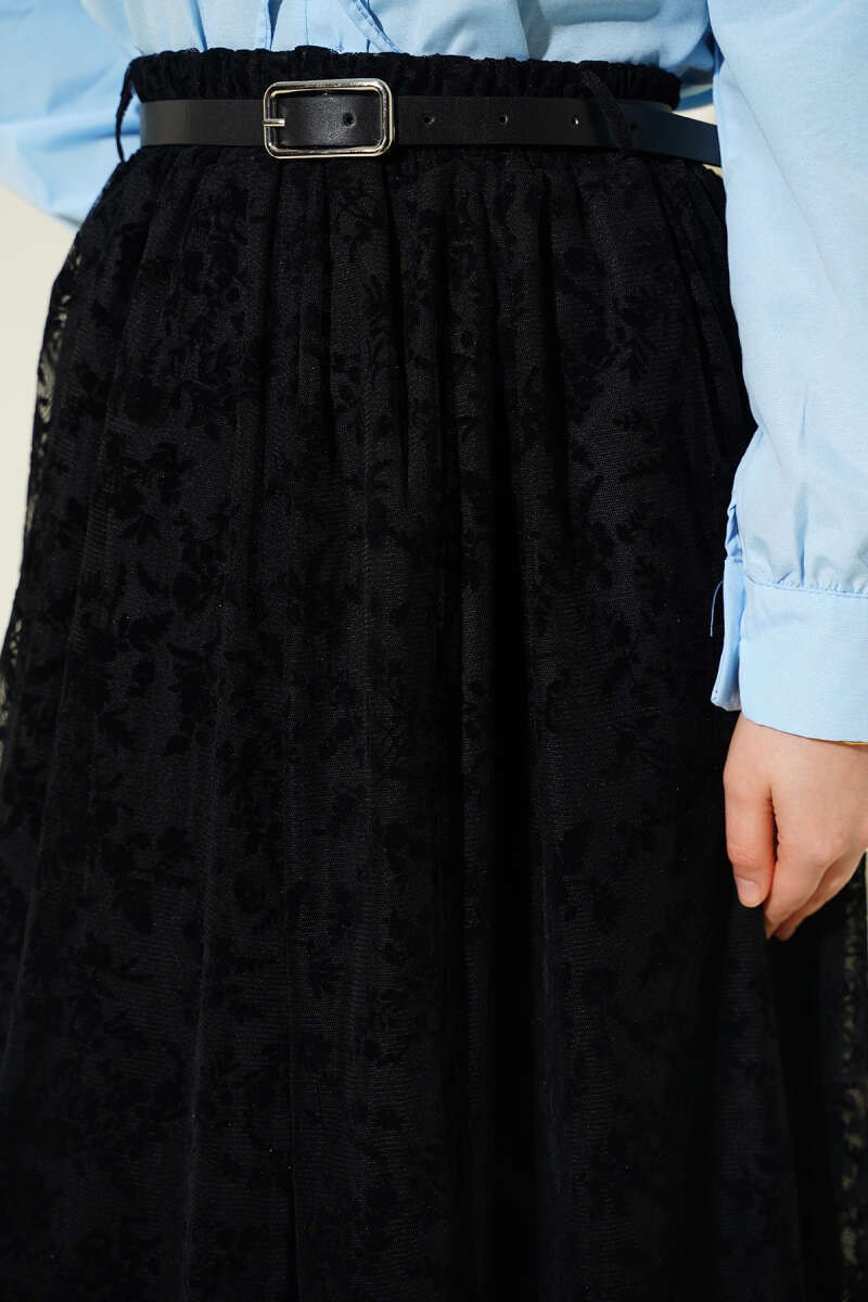Belted Skirt with Lace Detail - Black