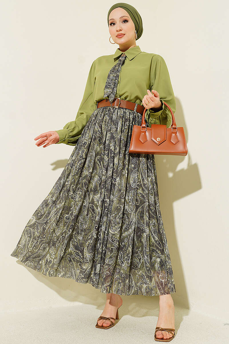 Belted Patterned Two-Piece Skirt Set - Khaki