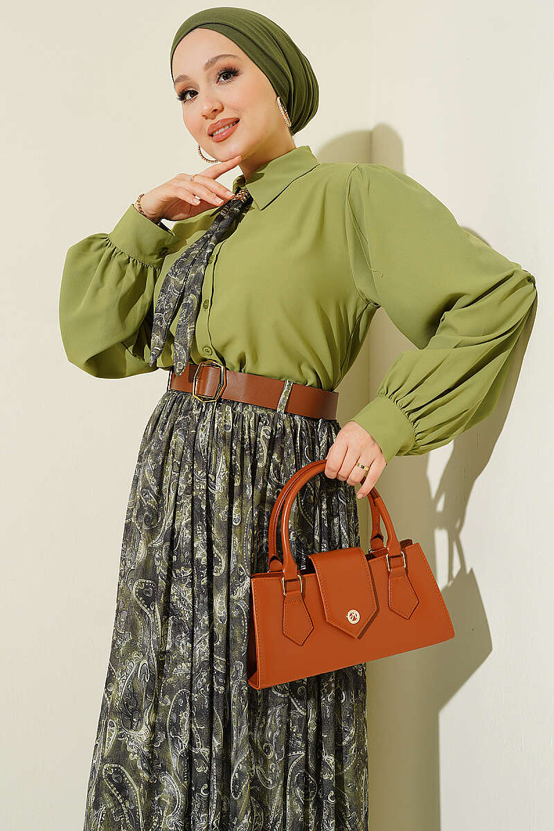 Belted Patterned Two-Piece Skirt Set - Khaki