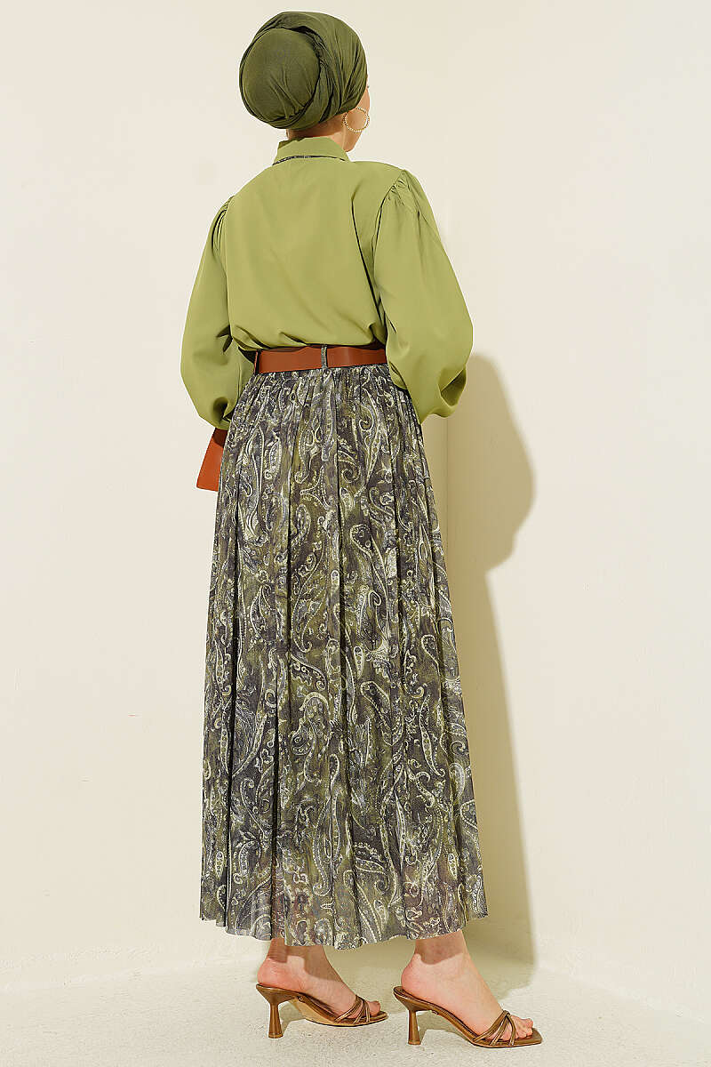 Belted Patterned Two-Piece Skirt Set - Khaki