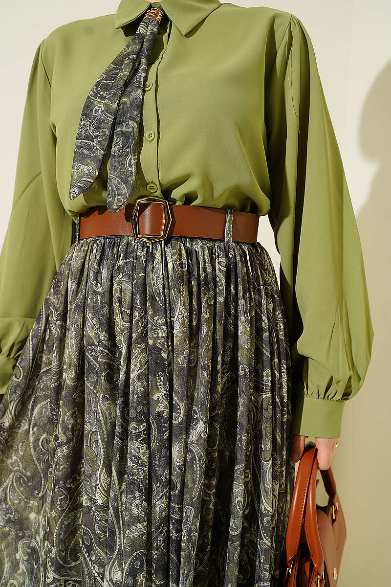 Belted Patterned Two-Piece Skirt Set - Khaki