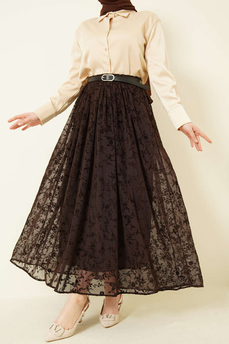 Belted Printed Tulle Skirt - Brown