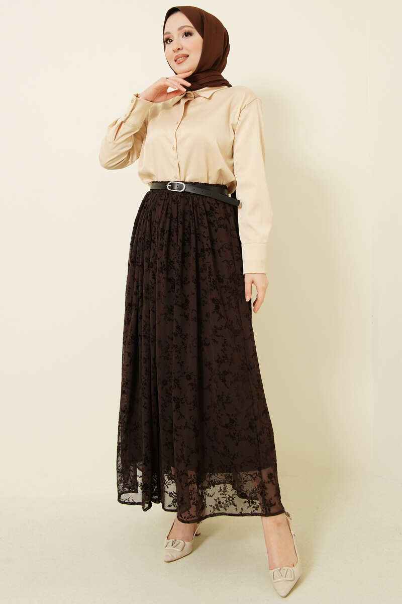 Belted Printed Tulle Skirt - Brown