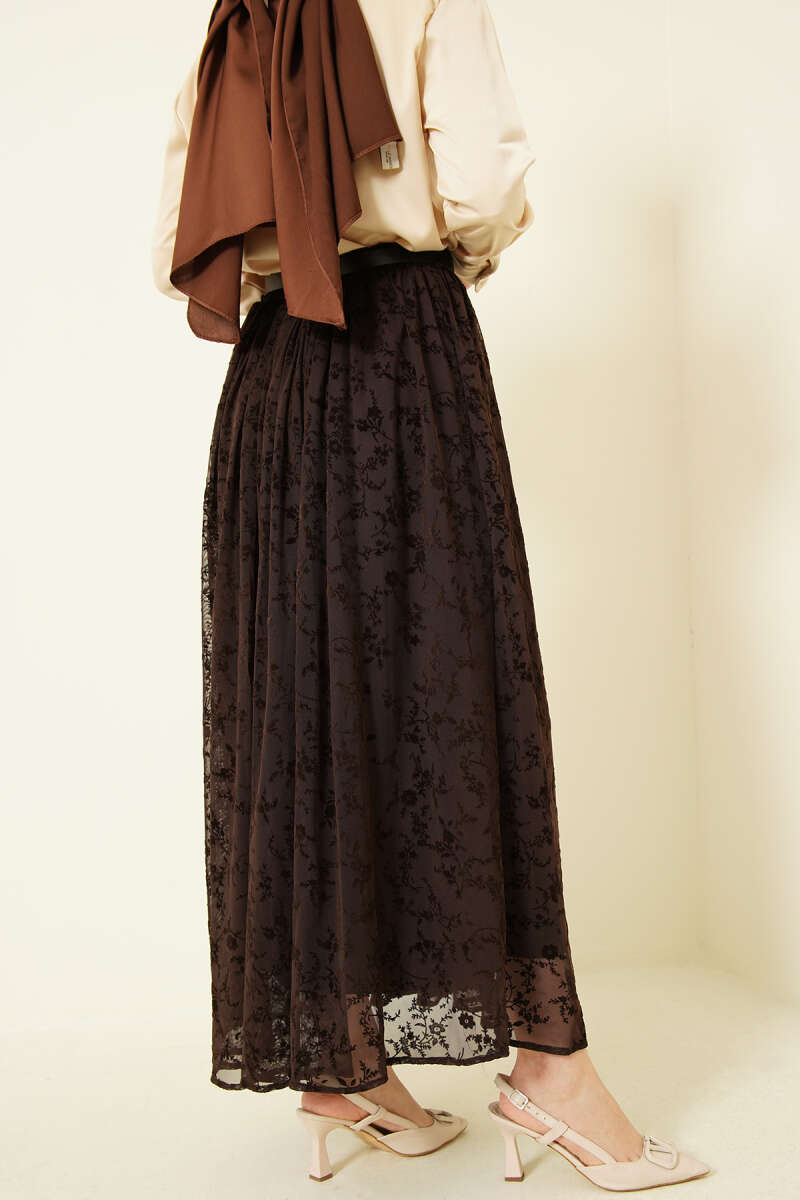 Belted Printed Tulle Skirt - Brown