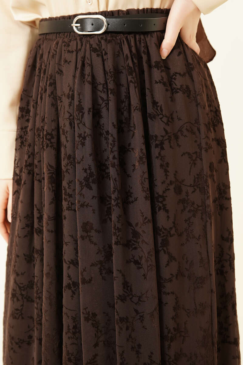 Belted Printed Tulle Skirt - Brown