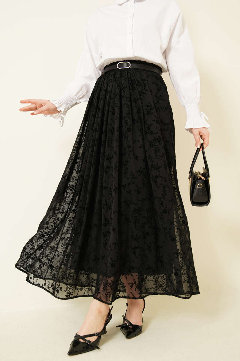 Belted Printed Tulle Skirt - Black