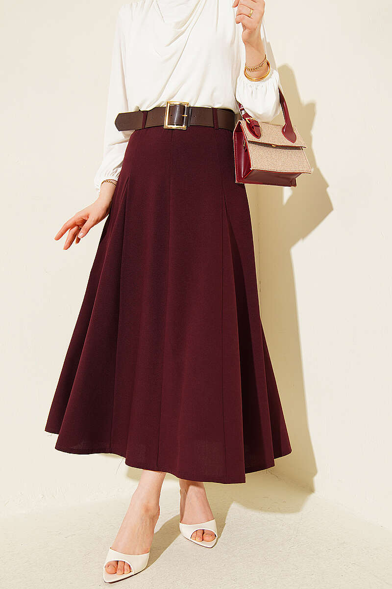 Belted Flared Skirt with Seam Detail - Burgundy