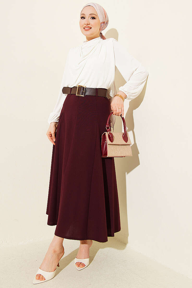 Belted Flared Skirt with Seam Detail - Burgundy