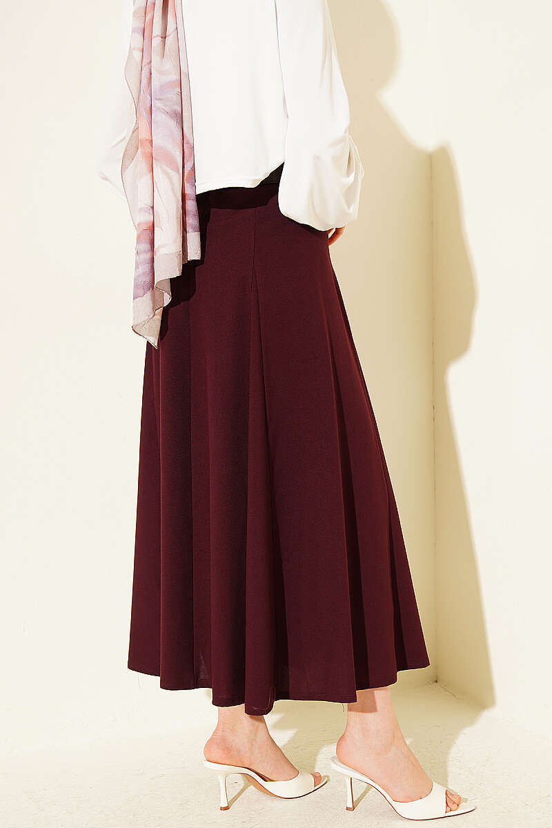 Belted Flared Skirt with Seam Detail - Burgundy