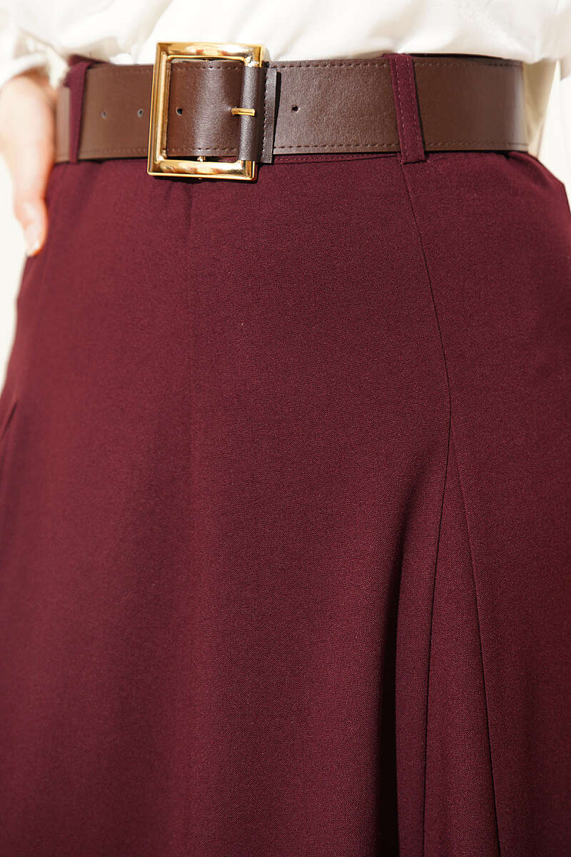 Belted Flared Skirt with Seam Detail - Burgundy