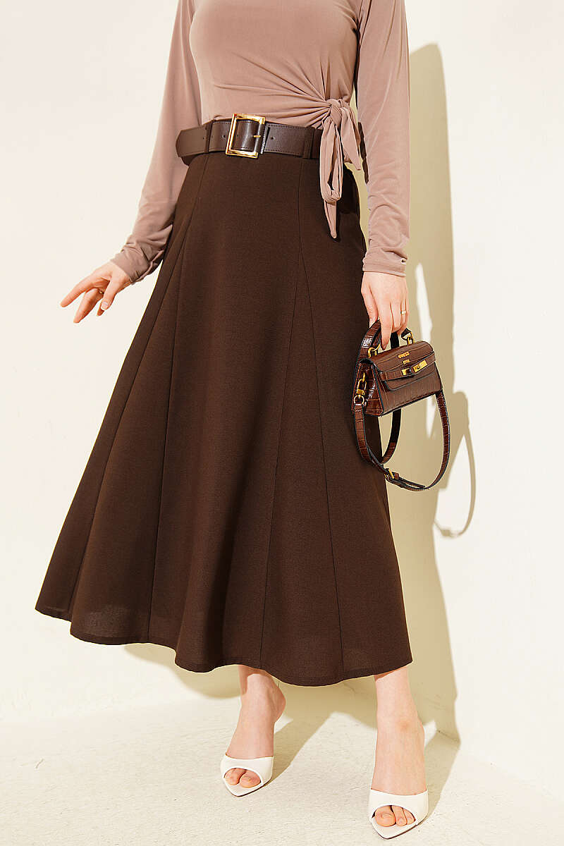 Belted Flared Skirt with Seam Detail - Brown