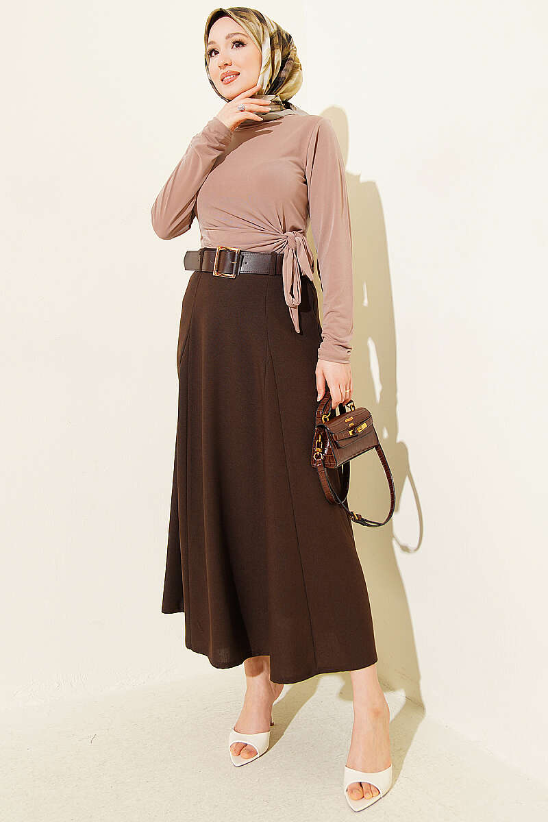 Belted Flared Skirt with Seam Detail - Brown