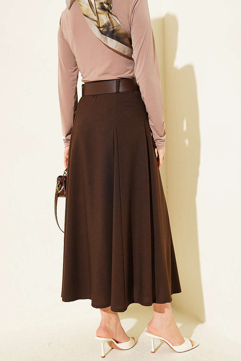 Belted Flared Skirt with Seam Detail - Brown