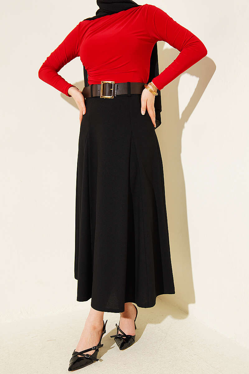 Belted Flared Skirt with Seam Detail - Black