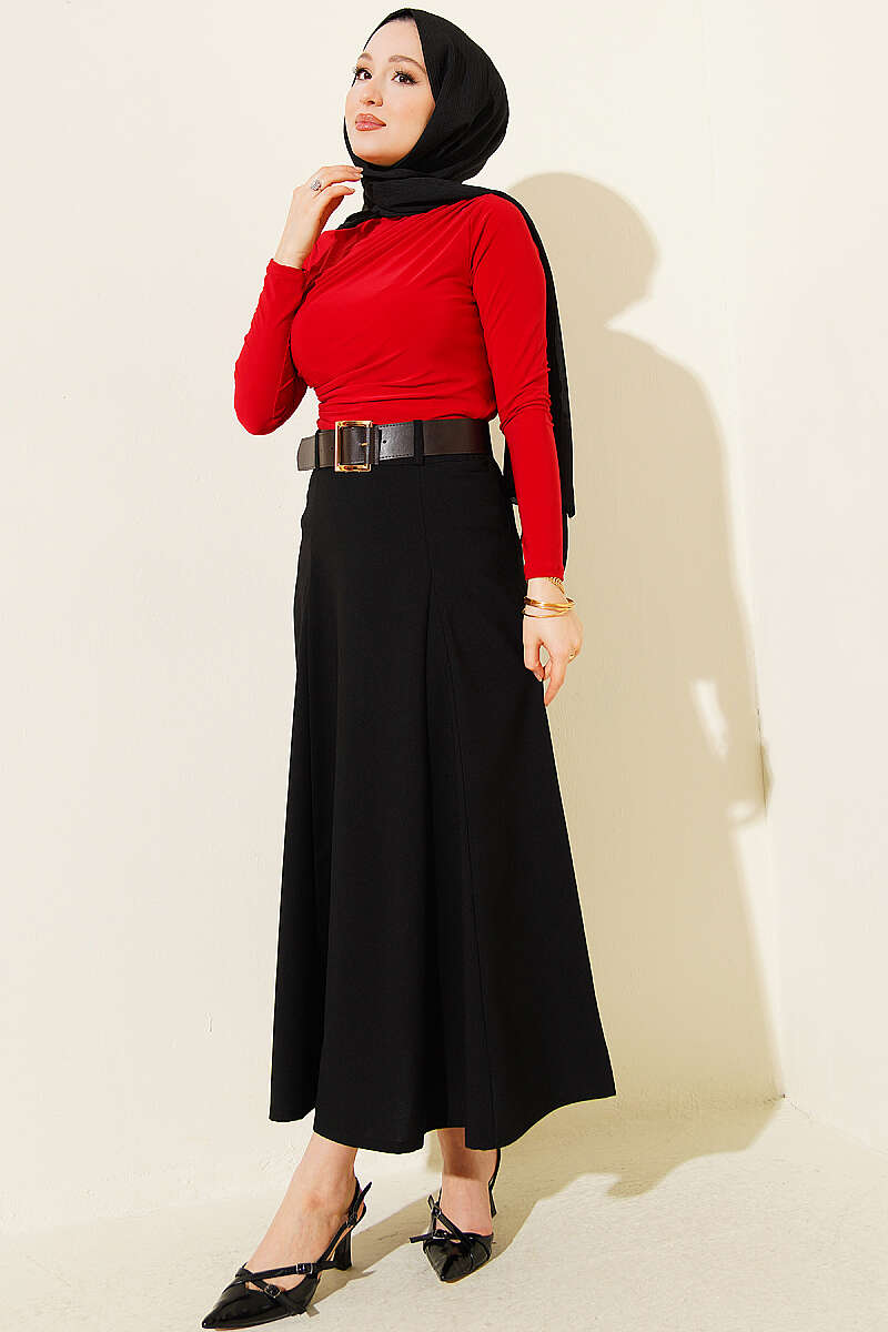 Belted Flared Skirt with Seam Detail - Black
