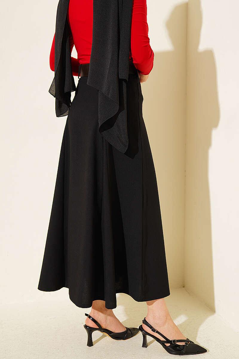 Belted Flared Skirt with Seam Detail - Black
