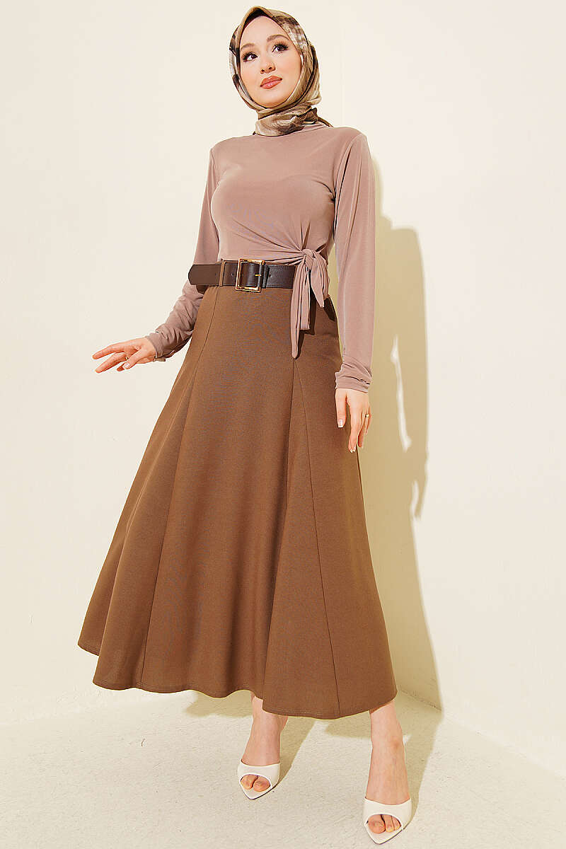 Belted Flared Skirt with Seam Detail - Mink