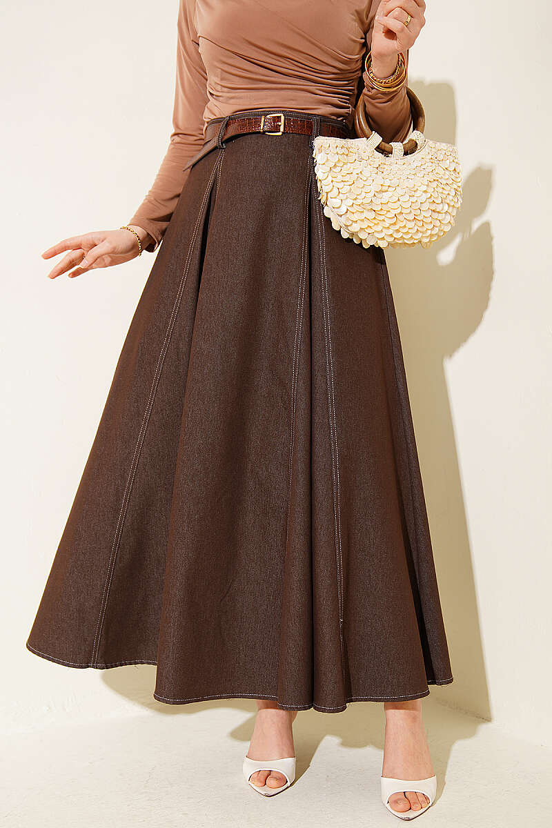 Belted Denim Skirt with Seam Detail - Brown