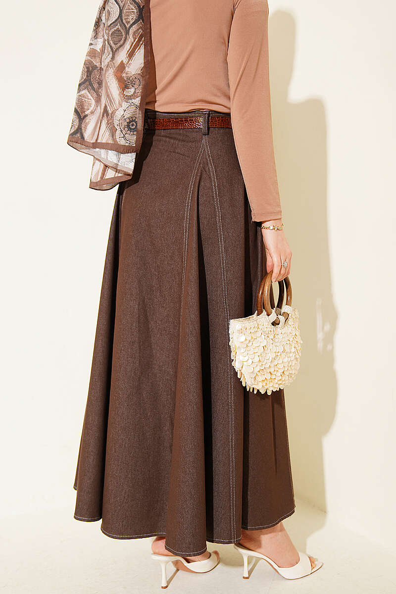 Belted Denim Skirt with Seam Detail - Brown