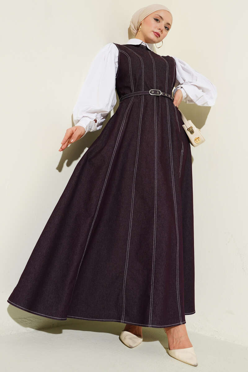 Belted Denim Pinafore with Stitch Detail - Burgundy
