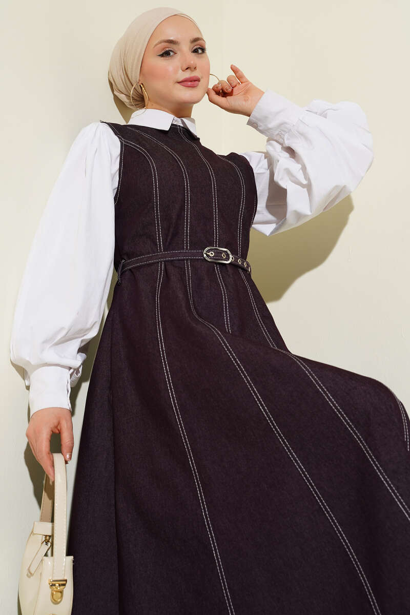 Belted Denim Pinafore with Stitch Detail - Burgundy