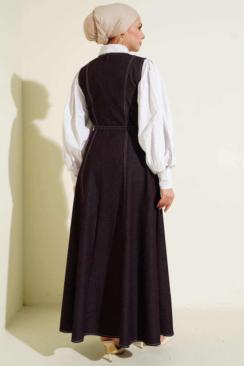 Belted Denim Pinafore with Stitch Detail - Burgundy