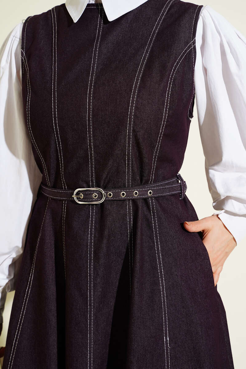Belted Denim Pinafore with Stitch Detail - Burgundy