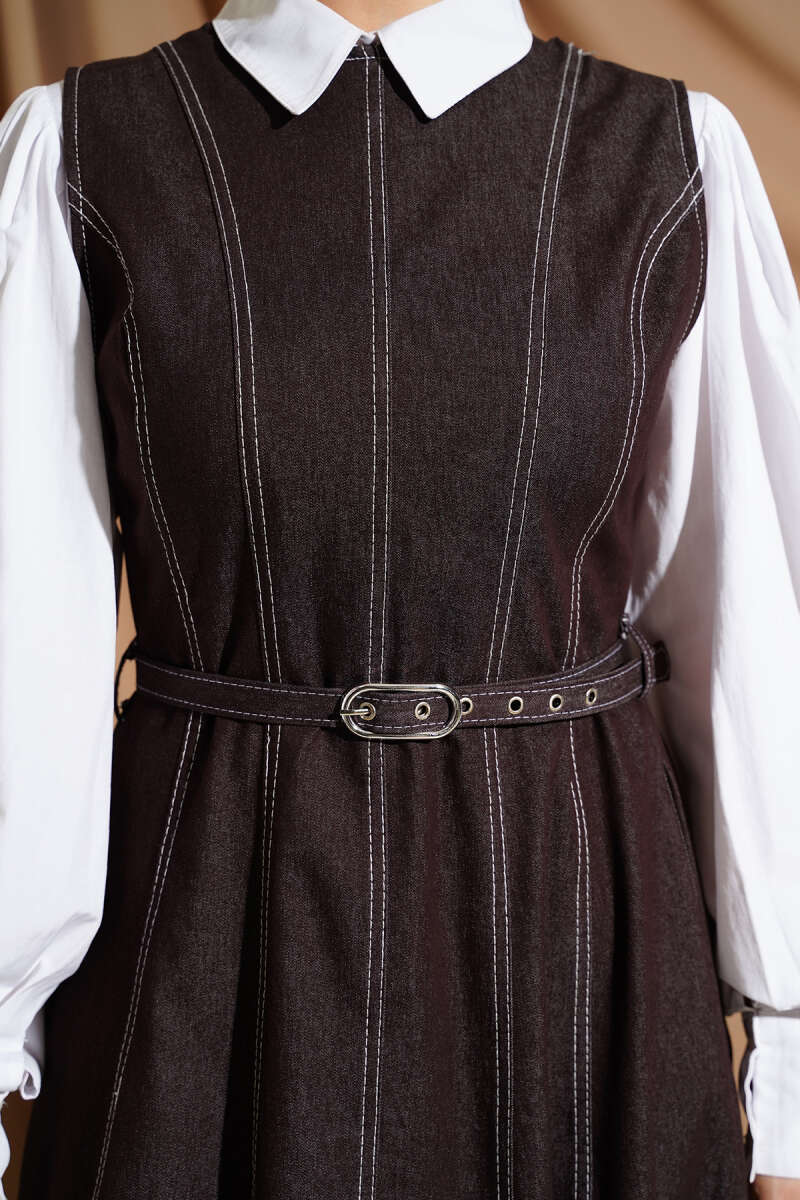 Belted Denim Pinafore with Stitch Detail - Brown