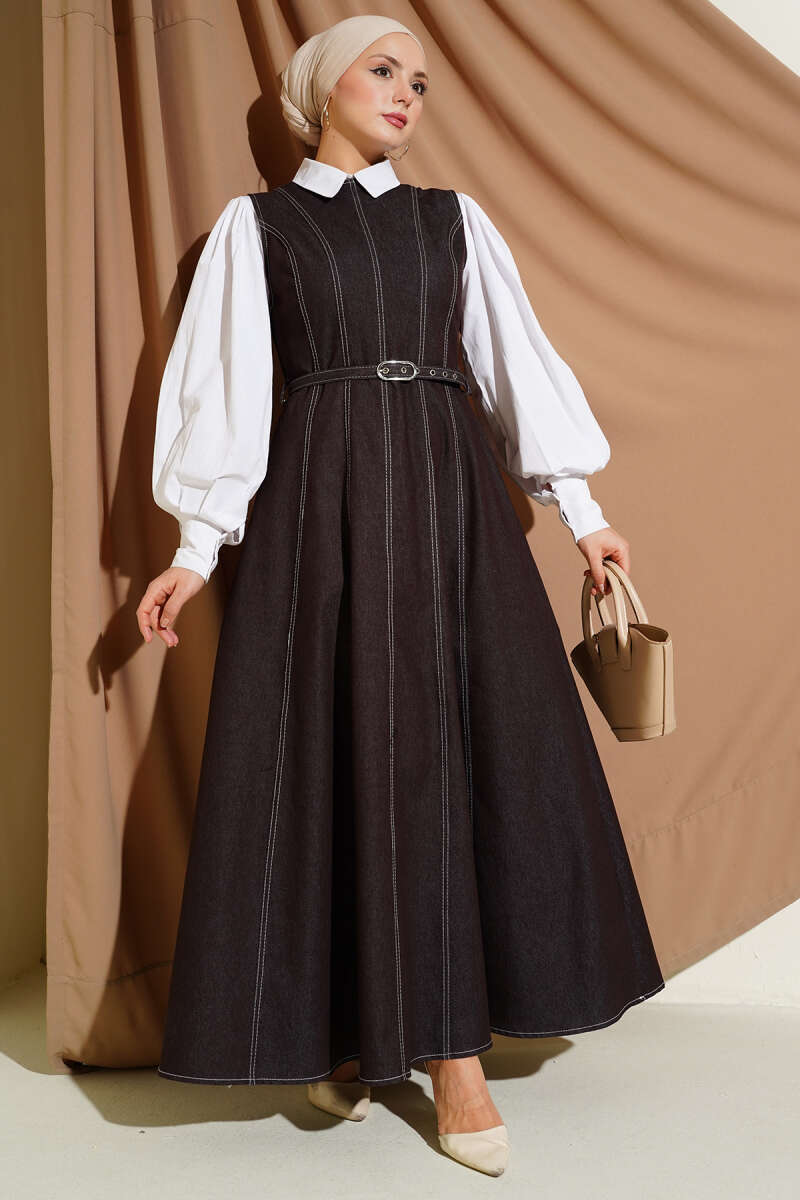 Belted Denim Pinafore with Stitch Detail - Brown