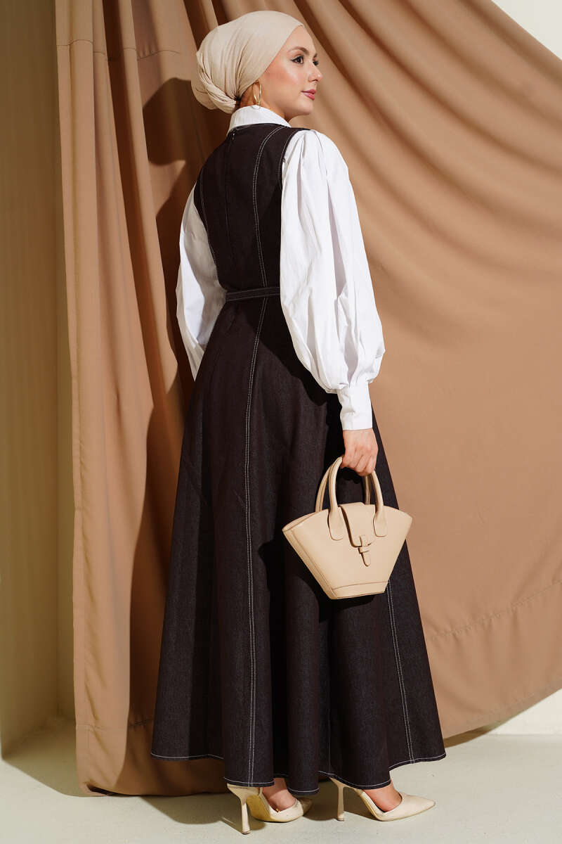Belted Denim Pinafore with Stitch Detail - Brown