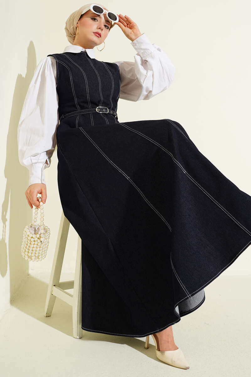Belted Denim Pinafore with Stitch Detail - Navy