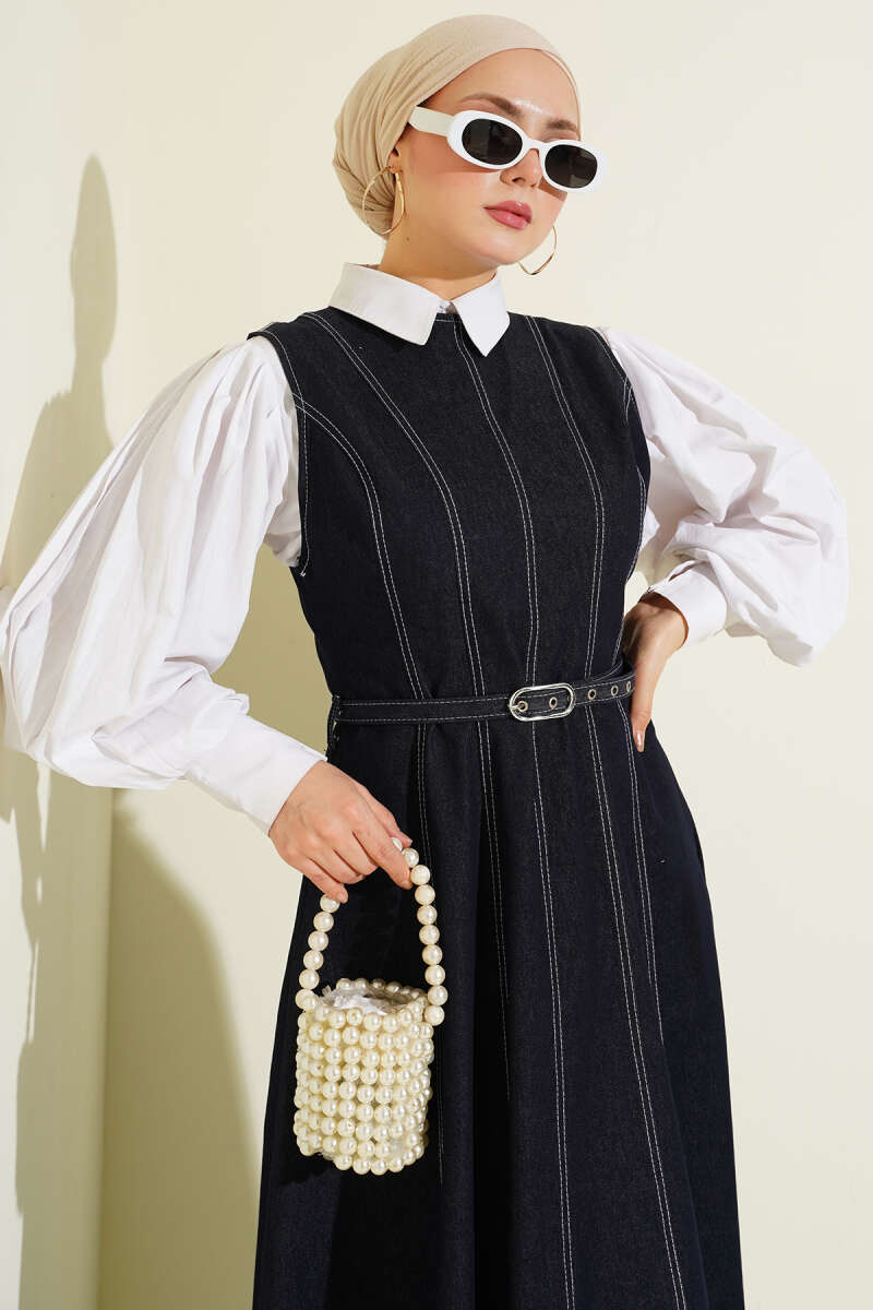 Belted Denim Pinafore with Stitch Detail - Navy