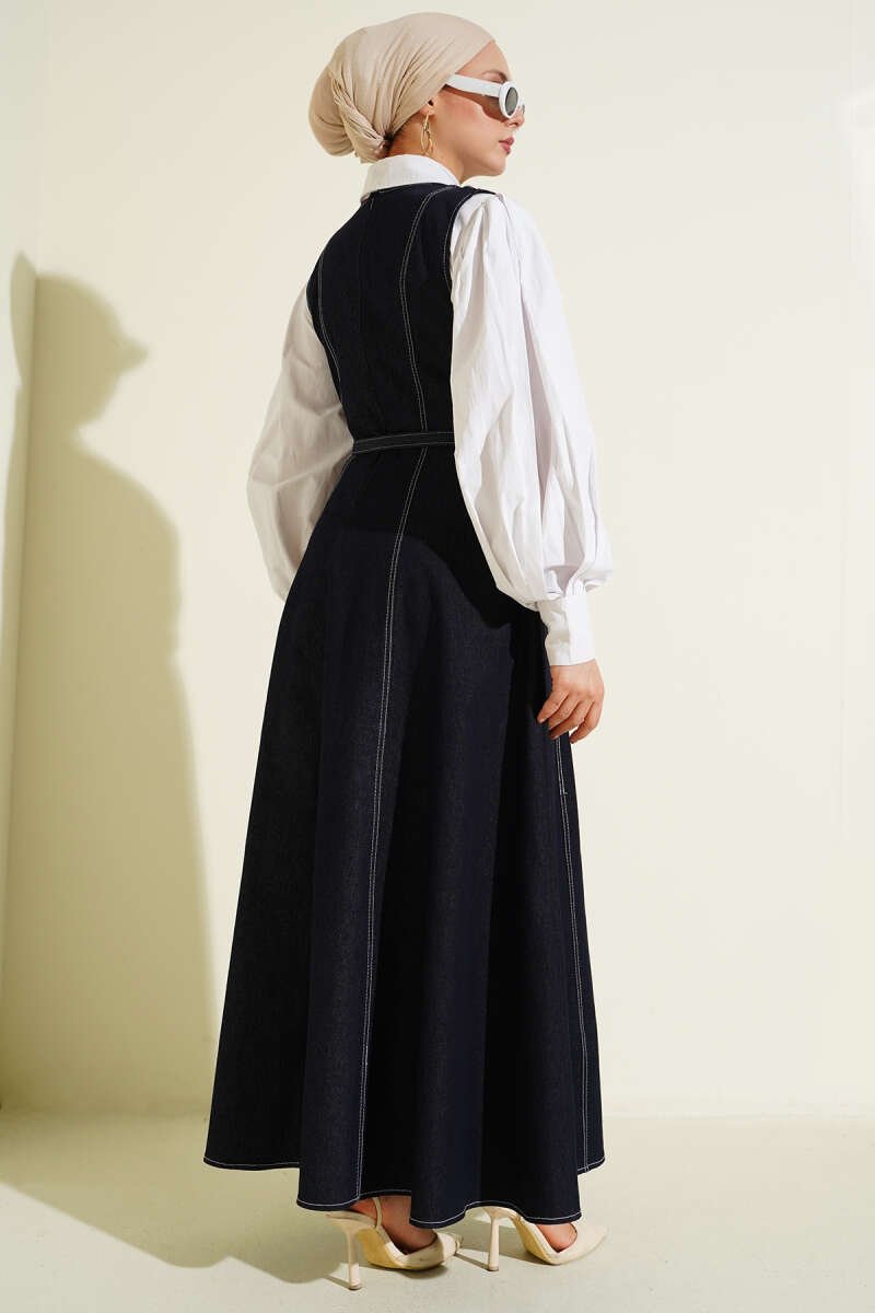 Belted Denim Pinafore with Stitch Detail - Navy