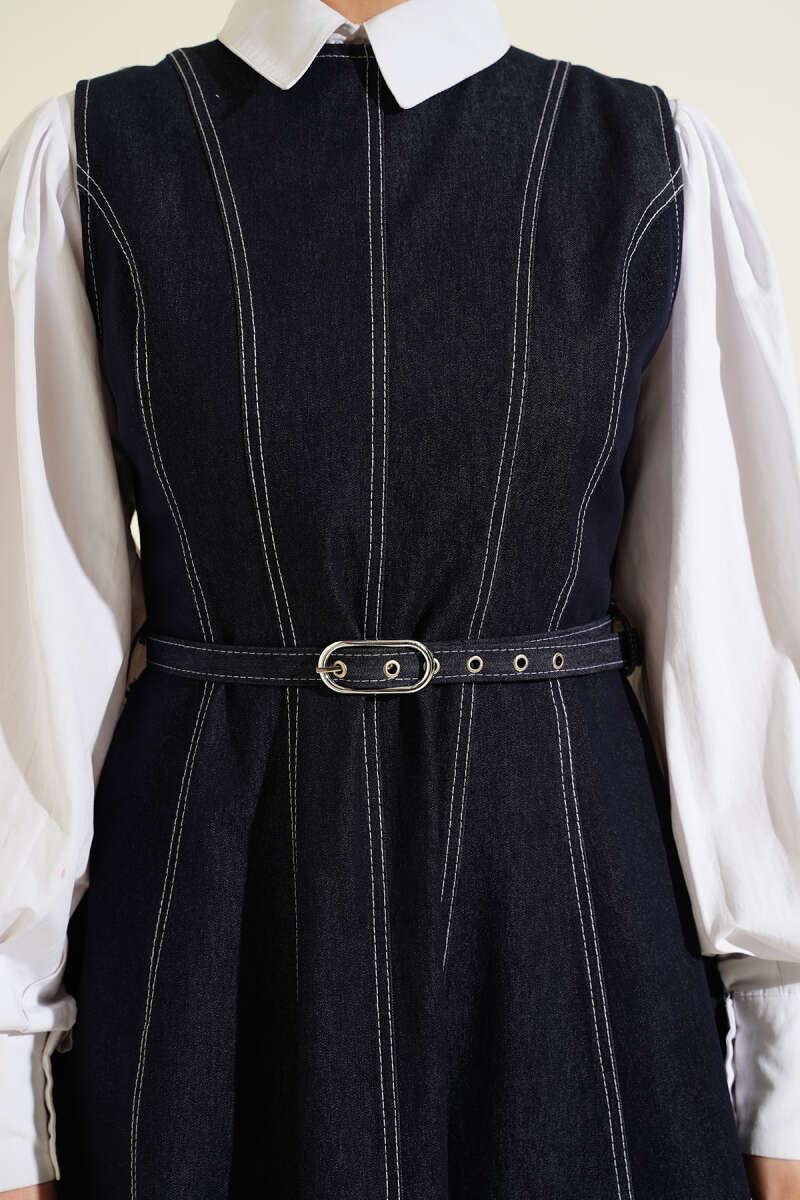Belted Denim Pinafore with Stitch Detail - Navy