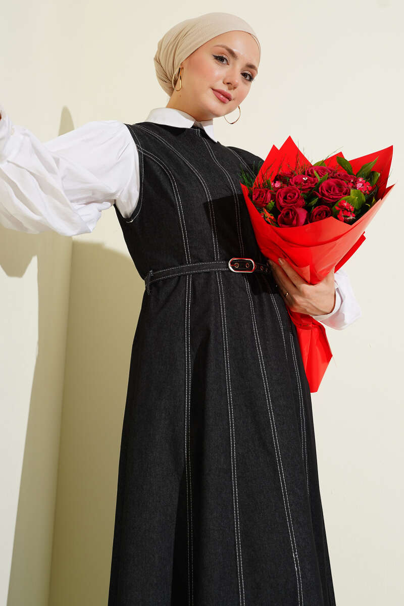 Belted Denim Pinafore with Stitch Detail - Black