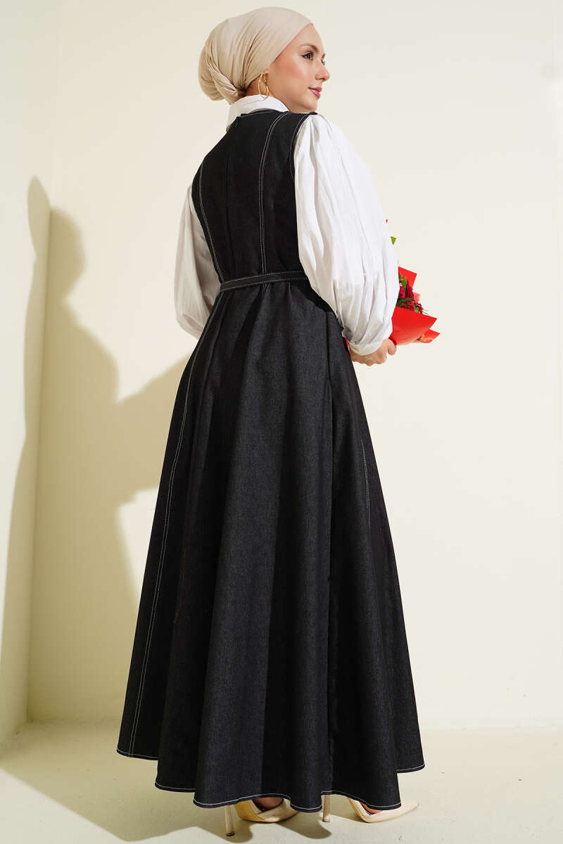 Belted Denim Pinafore with Stitch Detail - Black