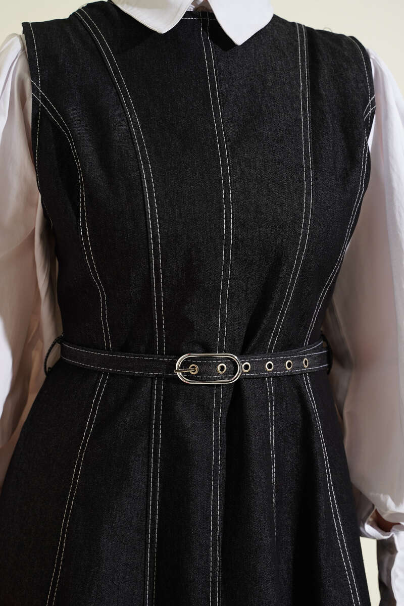 Belted Denim Pinafore with Stitch Detail - Black