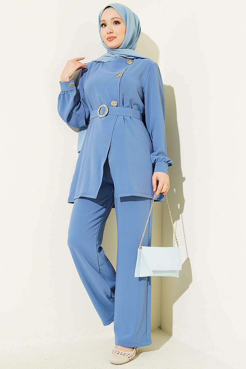 Belted Two-Piece Set with Button Detail - Indigo