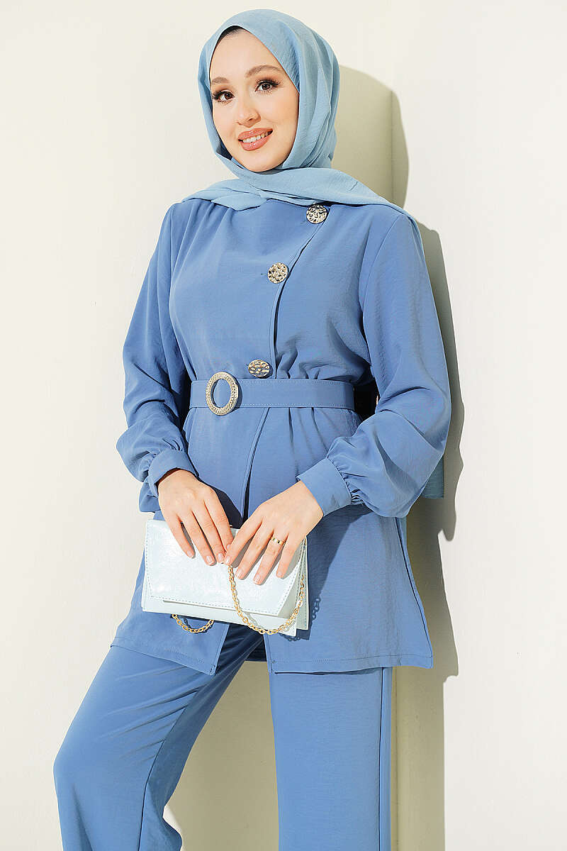 Belted Two-Piece Set with Button Detail - Indigo