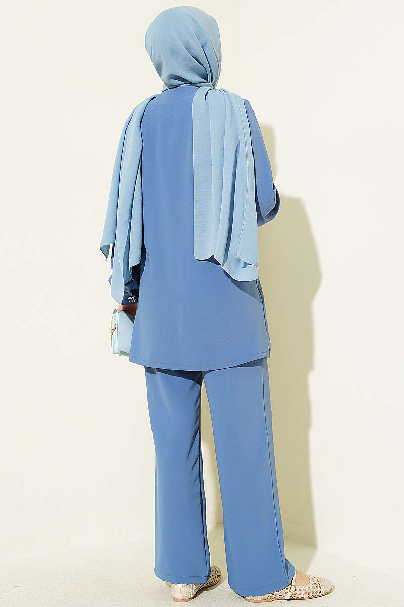 Belted Two-Piece Set with Button Detail - Indigo