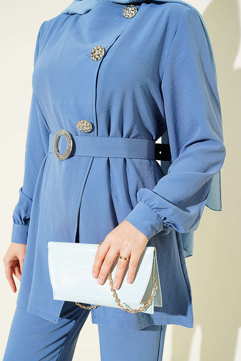 Belted Two-Piece Set with Button Detail - Indigo