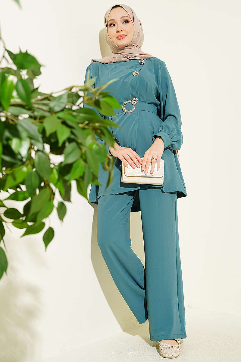 Belted Two-Piece Set with Button Detail - Teal