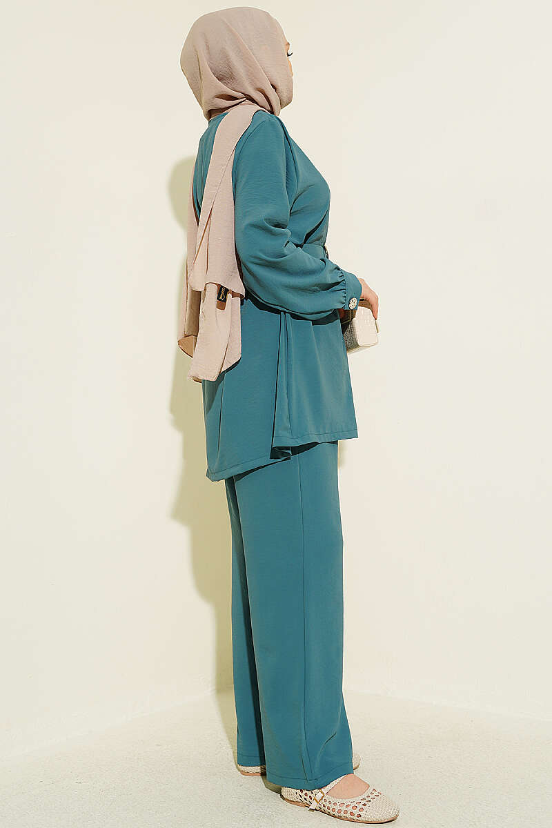 Belted Two-Piece Set with Button Detail - Teal