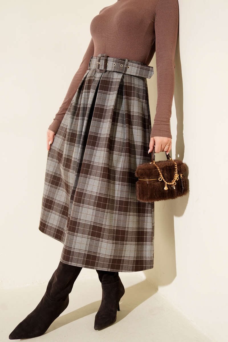 Belted Plaid Skirt with Darts - Grey