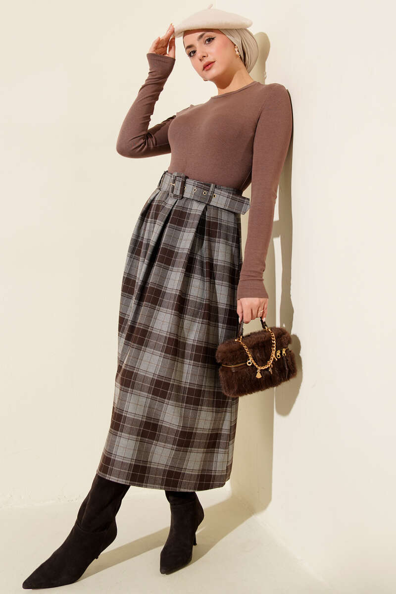 Belted Plaid Skirt with Darts - Grey