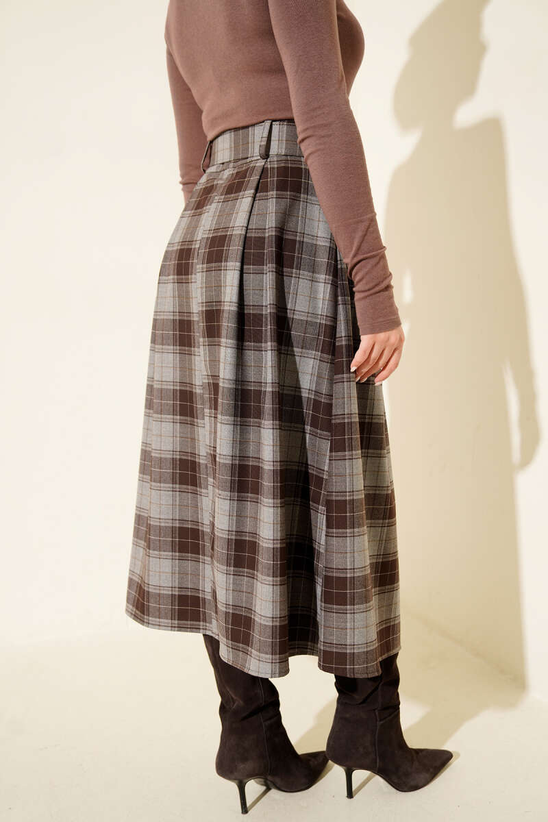 Belted Plaid Skirt with Darts - Grey
