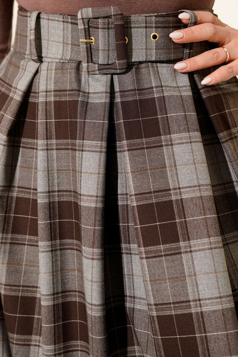 Belted Plaid Skirt with Darts - Grey