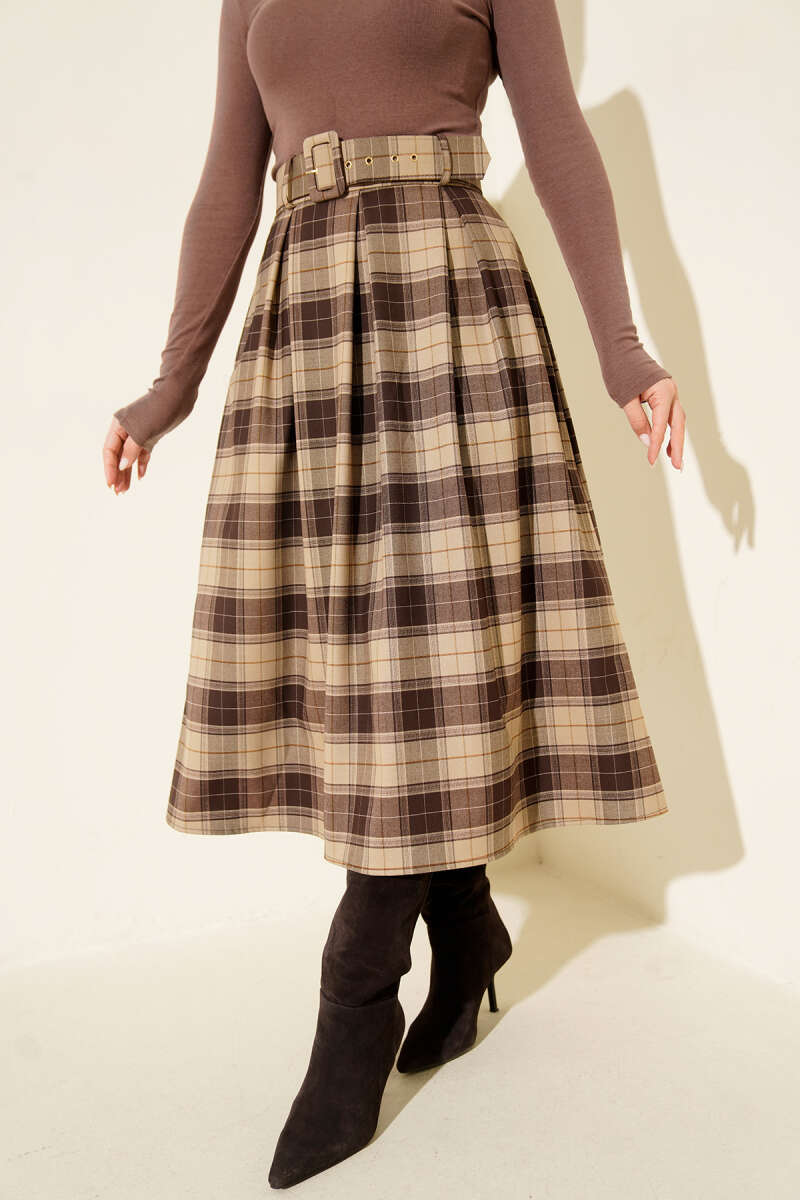 Belted Plaid Skirt with Darts - Mink