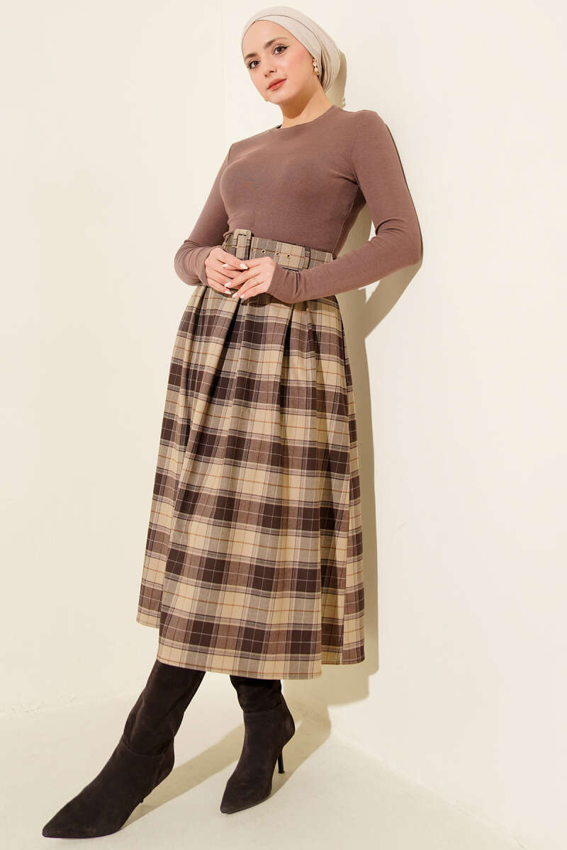 Belted Plaid Skirt with Darts - Mink